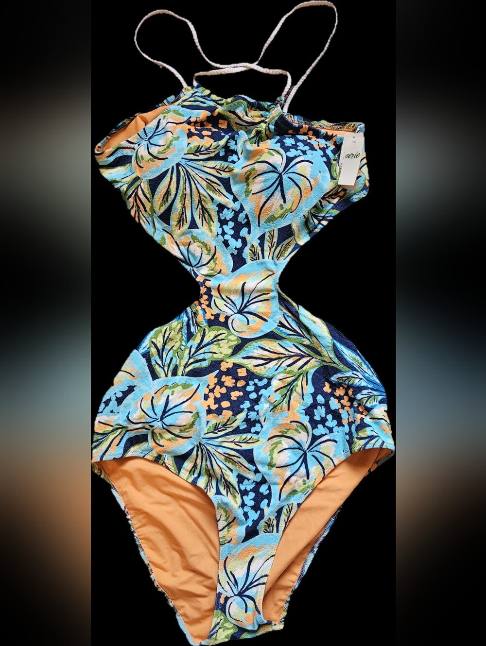 Aerie NWT Cut Out One Piece Bathing Suit Orange & Blue Tropical Size Large